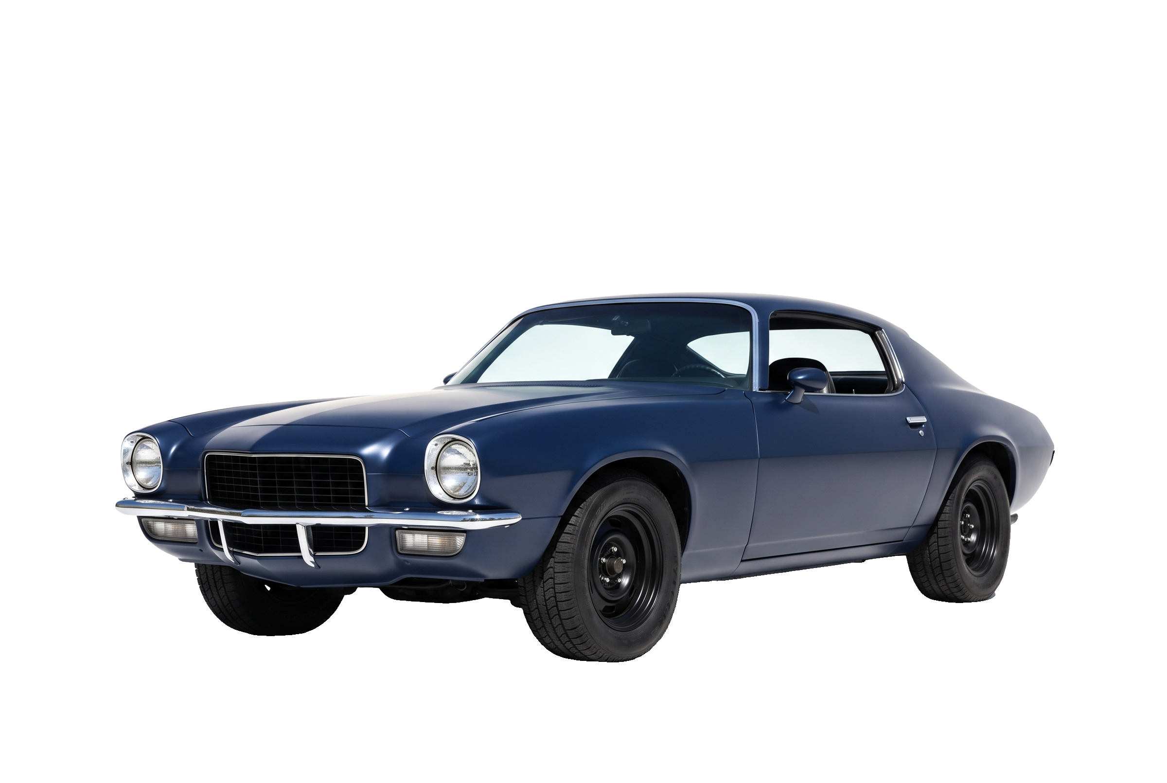 Muscle car americano clásico azul marino, vista tres cuartos frontal